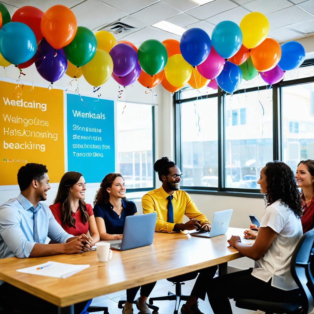An inviting and vibrant office scene showcasing diverse new employees exchanging smiles during a joyful onboarding process. Brightly colored welcoming banners and balloons create a cheerful atmosphere, while a warm mentor guides them through engaging activities. A digital screen displays inspiring quotes about teamwork and success. super-realistic. vibrant colors.