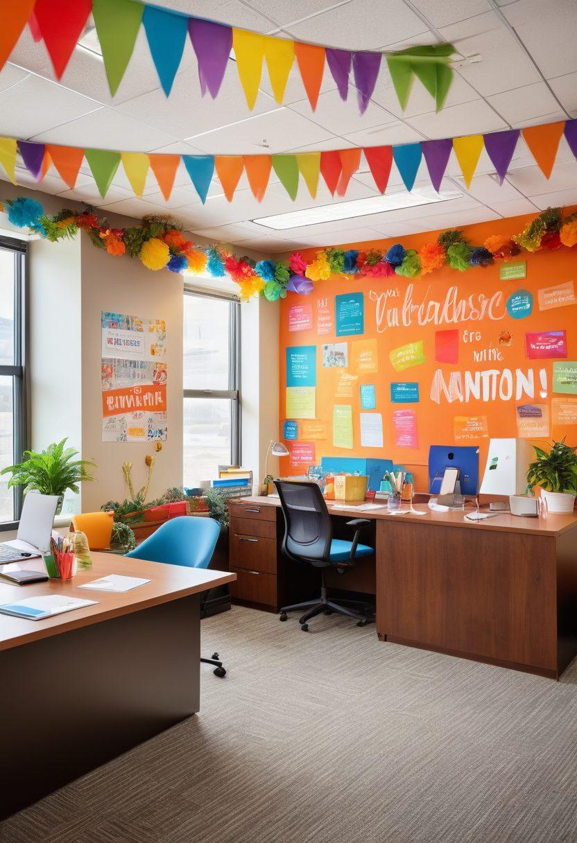 A warm, inviting office environment filled with colorful decorations celebrating new hires. Show a diverse group of smiling employees engaging in team-building activities, with welcome banners and motivational quotes adorned on the walls. The atmosphere should radiate excitement and positivity, highlighting the joy of starting a new job. vibrant colors. super-realistic.